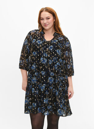 Tunic with floral print and lurex, Black Blue Flower, Model image number 0