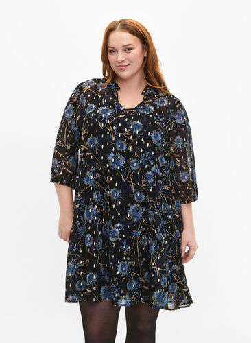 Tunic with floral print and lurex, Black Blue Flower, Model image number 0