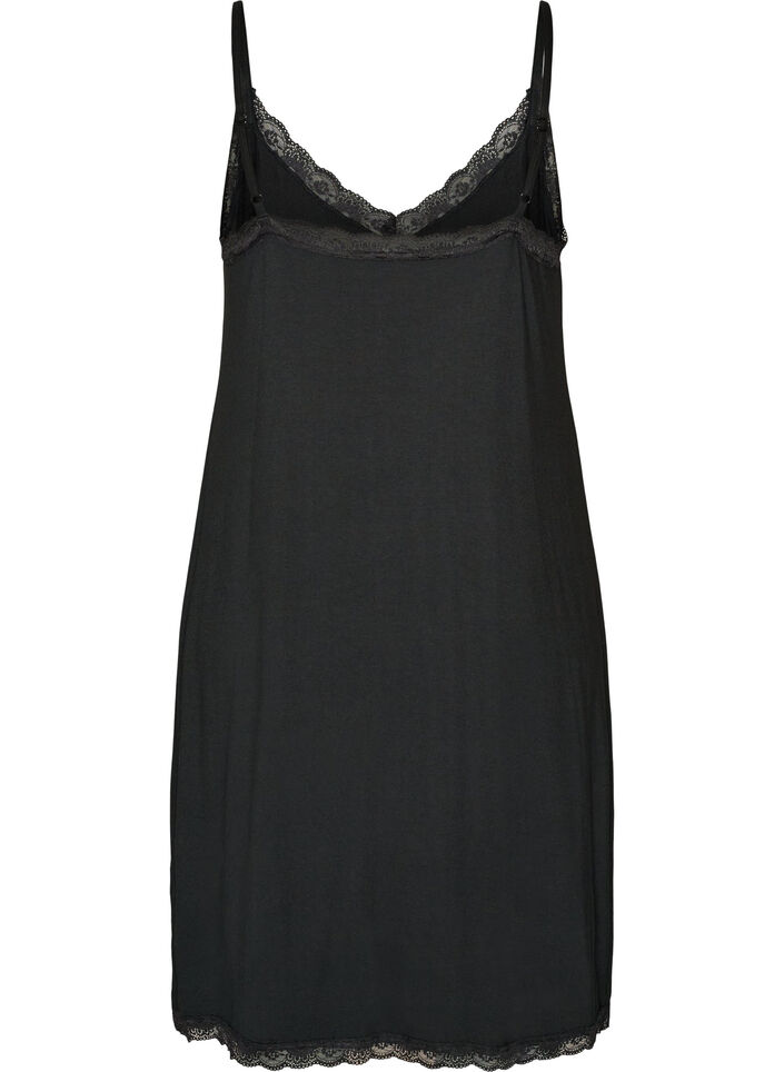 Viscose nightgown with lace and slits, Black, Packshot image number 1