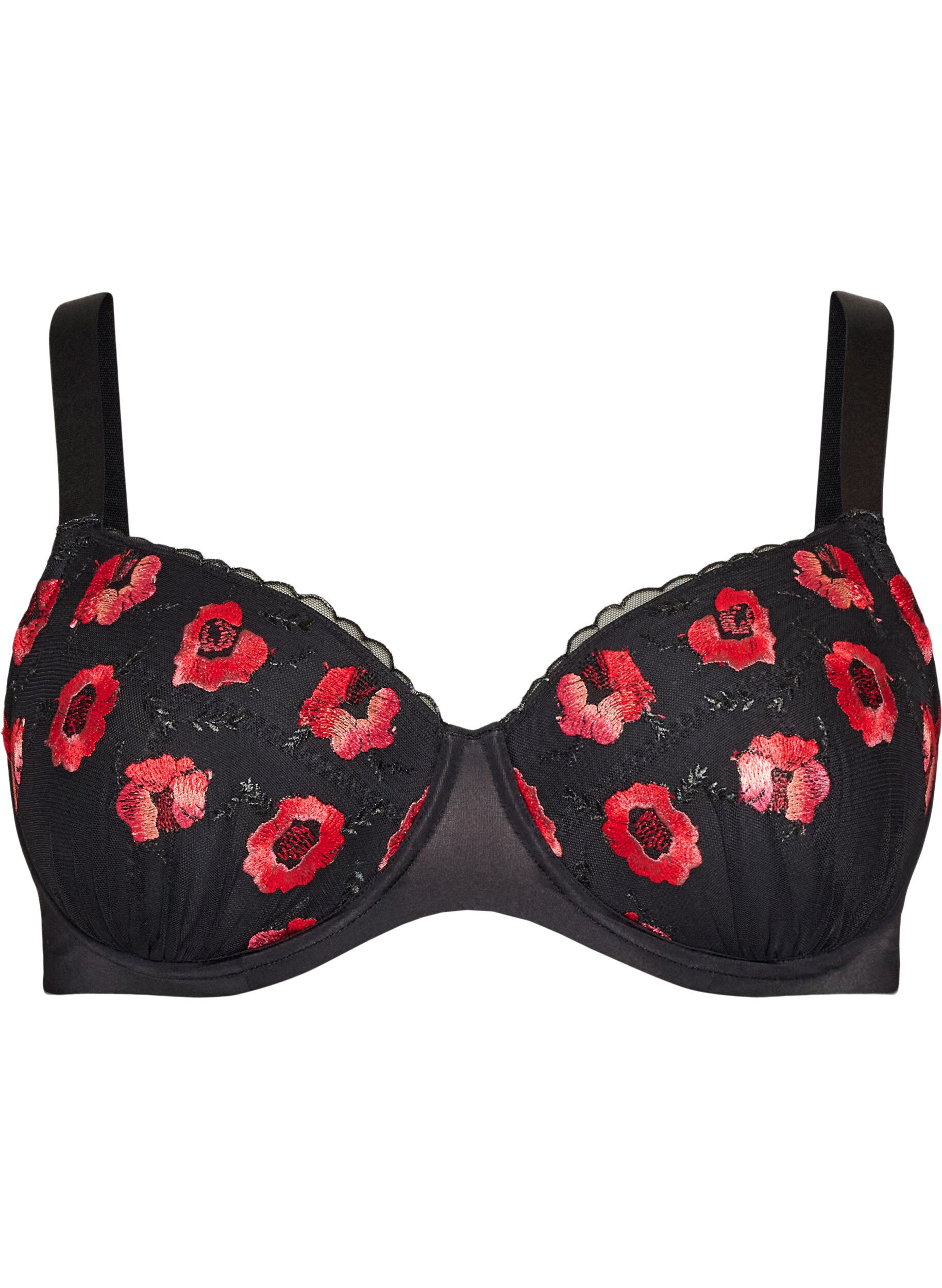 ZizzifashionPadded underwired bra with floral embroidery, Black, Packshot image number 0