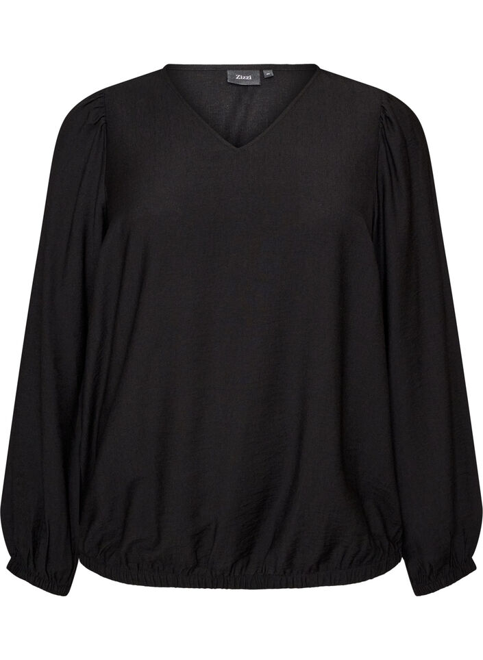 Viscose blouse with V-neck and balloon silhouette, Black, Packshot image number 0