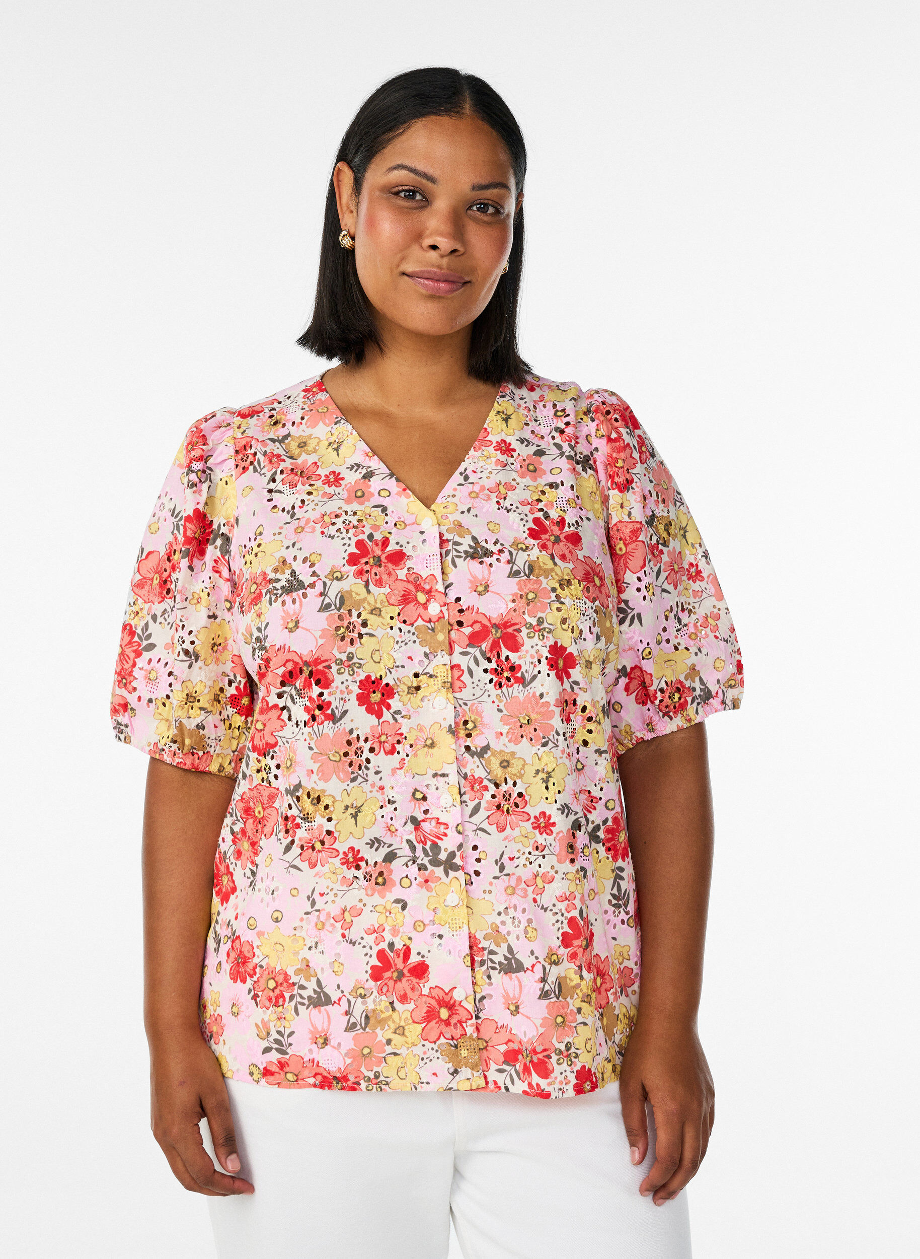 ZizzifashionFloral blouse with eyelet embroidery and V-neck, Rose, Model image number 0