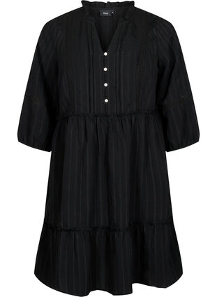 Striped viscose dress with lace band and 3/4 sleeves, Black, Packshot image number 0