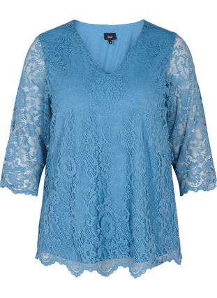 Lace blouse with 3/4 sleeves., Captains Blue, Packshot image number 0