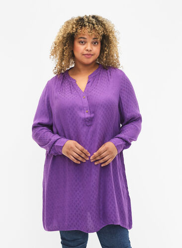 Viscose tunic with tone-on-tone pattern, Lavender Violet, Model image number 0