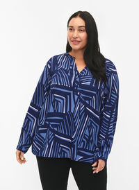 FLASH - Long sleeve blouse with print, Medieval Blue AOP, Model