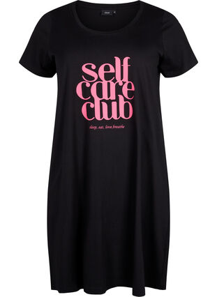 Short-sleeved cotton nightdress, Black w. Self Care, Packshot image number 0