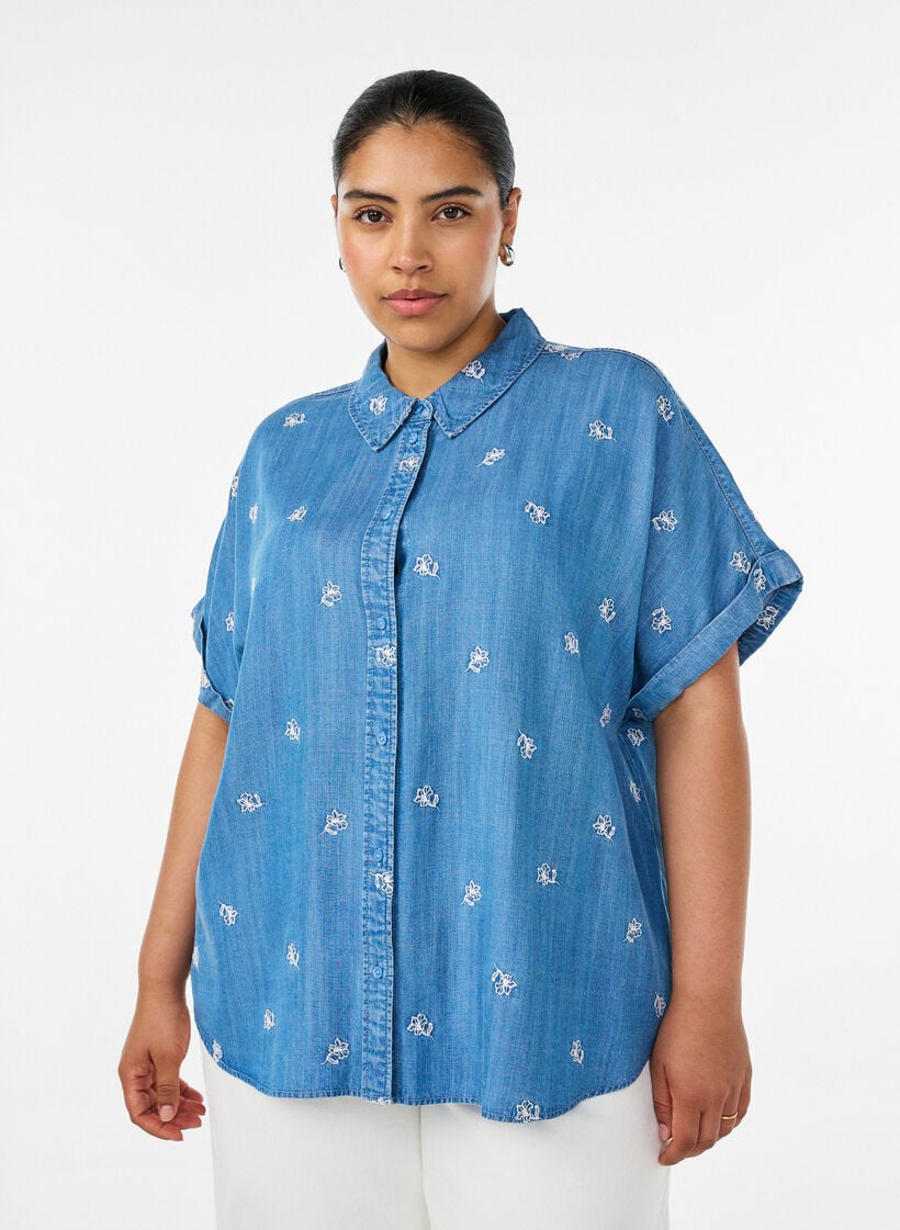 Denim-look lyocell shirt with floral embroidery, Light Blue, Model image number 0