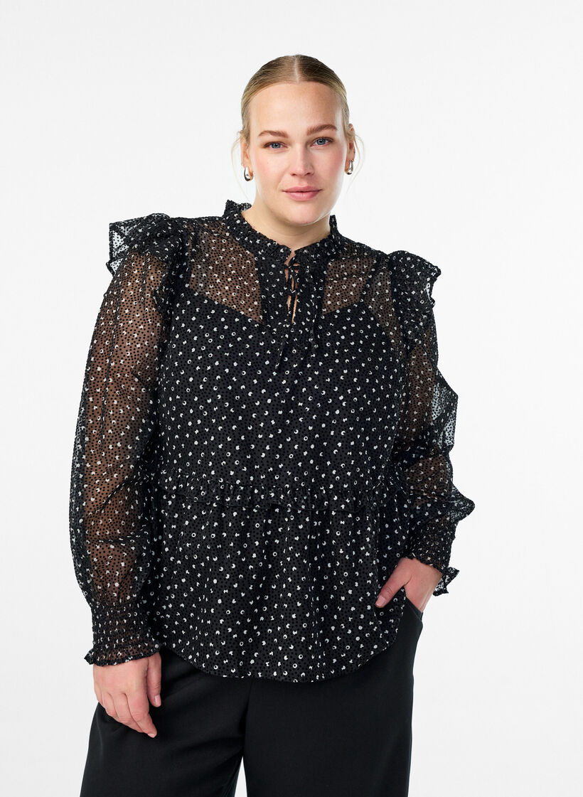 Chiffon blouse with ruffle details and small dots, Black, Model image number 0
