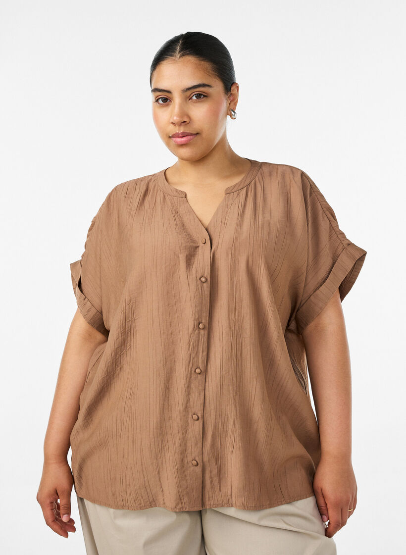 Viscose blouse with buttons and texture, Brown, Model image number 0