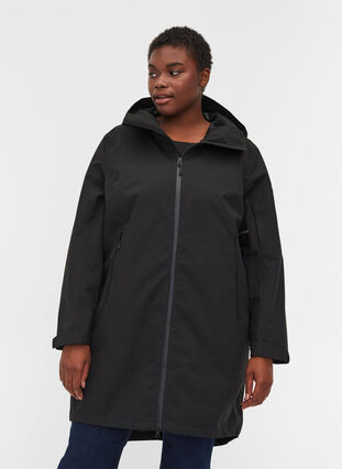 Long, hooded ski jacket with pockets, Black w/Black, Model image number 0