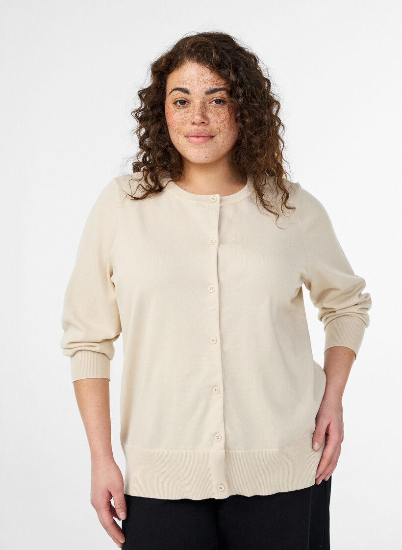 Fine-knit cardigan with round neck, Beige, Model image number 0