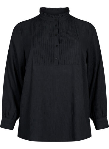 Long-sleeved blouse with ruffle collar, Black, Packshot image number 0