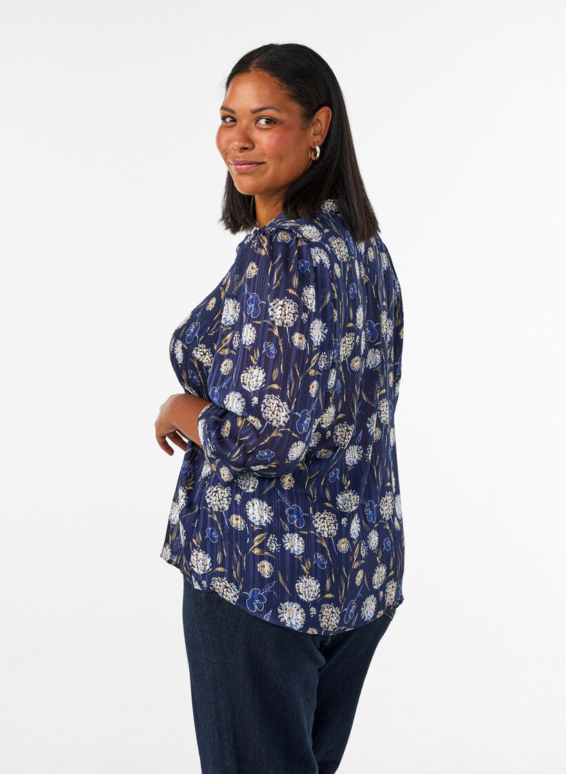 Patterned shirt with a stand-up collar and 3/4-sleeves, Blue, Model image number 2