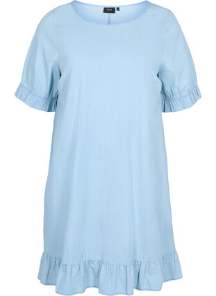Short-sleeved denim dress in cotton, Light blue denim, Packshot image number 0