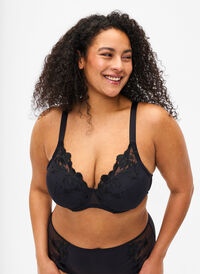 Padded underwire bra with embroidery, Black, Model