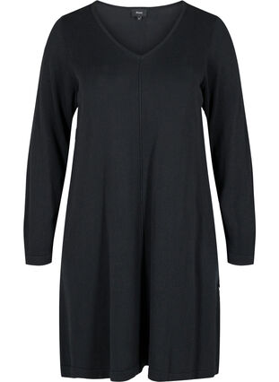 Knitted dress with v-neck in a cotton blend, Black, Packshot image number 0