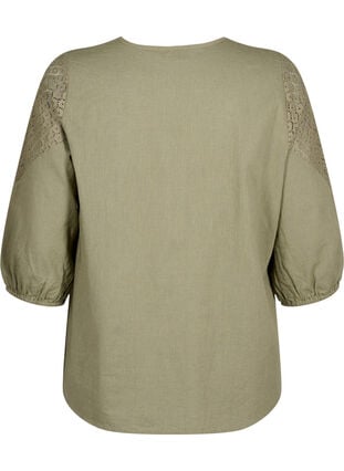 Blouse in a cotton mix with linen and crochet detail, Deep Lichen Green, Packshot image number 1