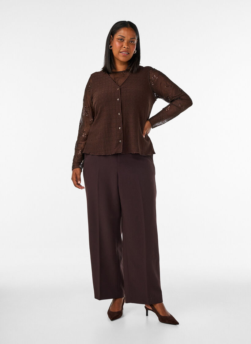 Mesh blouse with flowers and sequins, Brown, Model image number 1