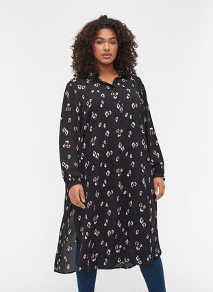 Printed shirt dress with slit, Black w. Flower, Model image number 0