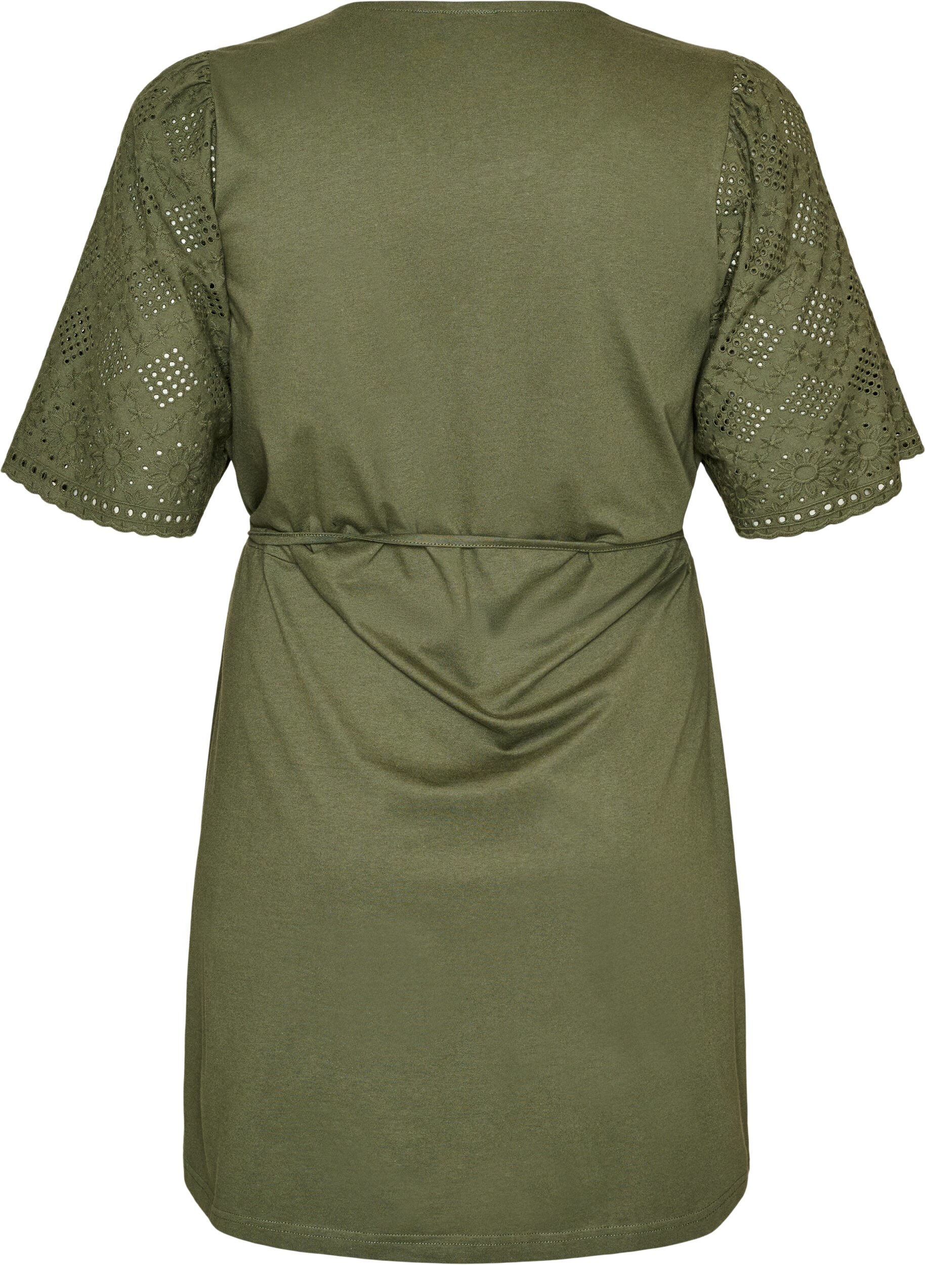 ZizzifashionCotton dress with broderie anglaise sleeves and a tie-waist, Green, Packshot image number 1
