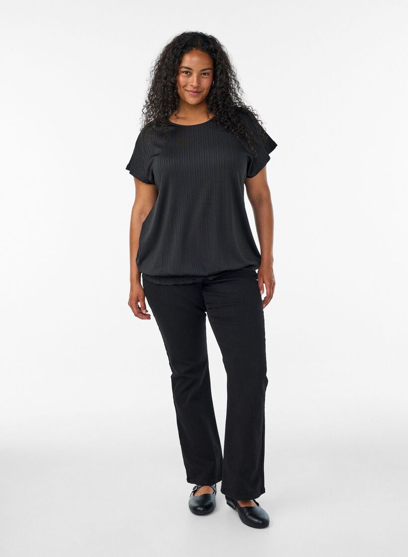 Jersey blouse with textured stripes and a smocked hem, Black, Model image number 1