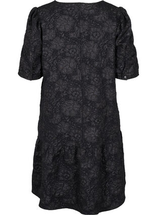 Short-sleeved v-neck dress with floral texture, Black, Packshot image number 1