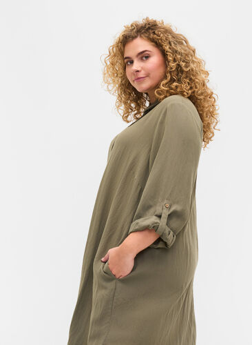 Long solid-coloured viscose shirt with 3/4 sleeves, Dusty Olive, Model image number 1