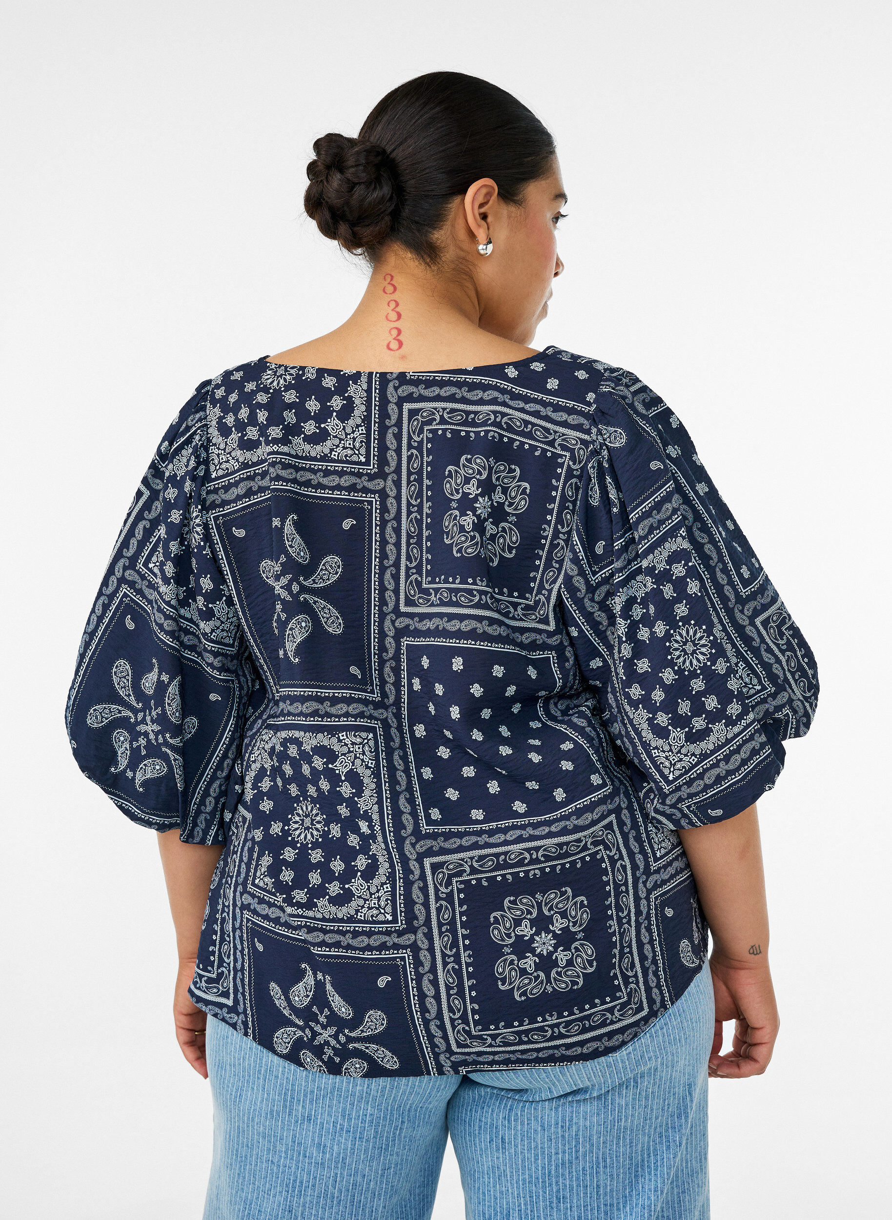 ZizzifashionViscose blouse with paisley print and balloon sleeves, Blue, Model image number 2