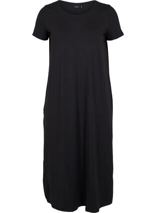 Striped short-sleeved midi dress, Black Solid, Packshot image number 0