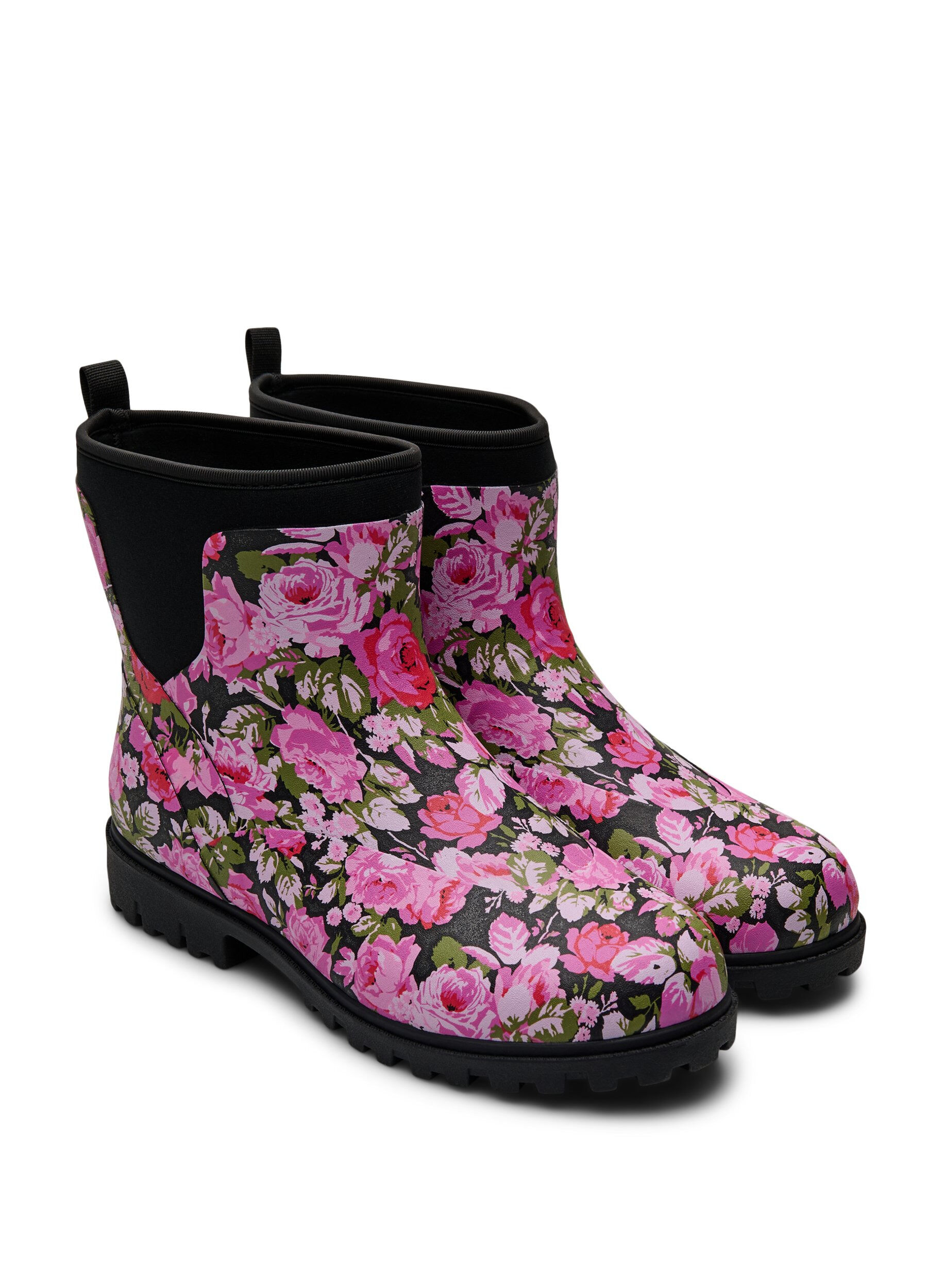 Zizzifashion Wide fit - Short wellies with elastic neoprene shaft, Flower AOP, Packshot image number 1