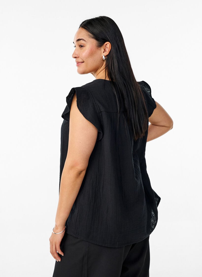 Sleeveless top in cotton muslin with ruffles, Black, Model image number 2
