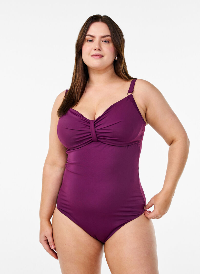 Swimsuit with underwire and draping, Purple, Model image number 0