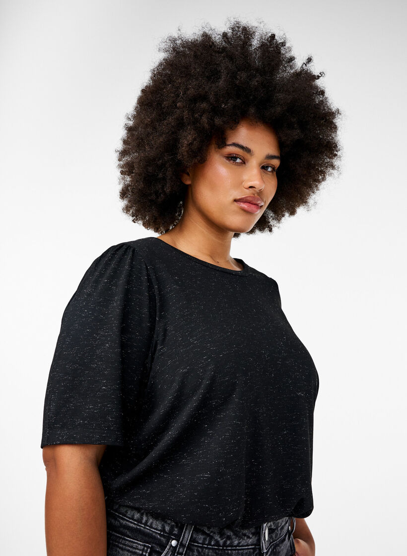 T-shirt with glitter and short puff sleeves, Black, Model image number 3