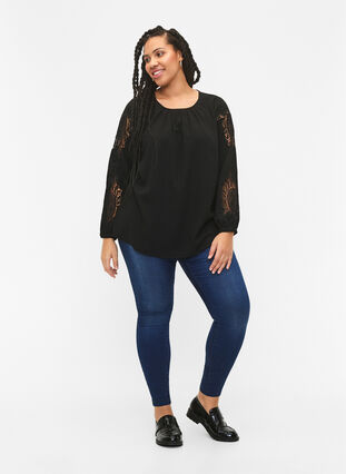 Long sleeve blouse with crochet details, Black, Model image number 3