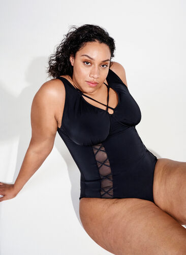 	 Swimsuit with underwire and string detail, Black, Image image number 0
