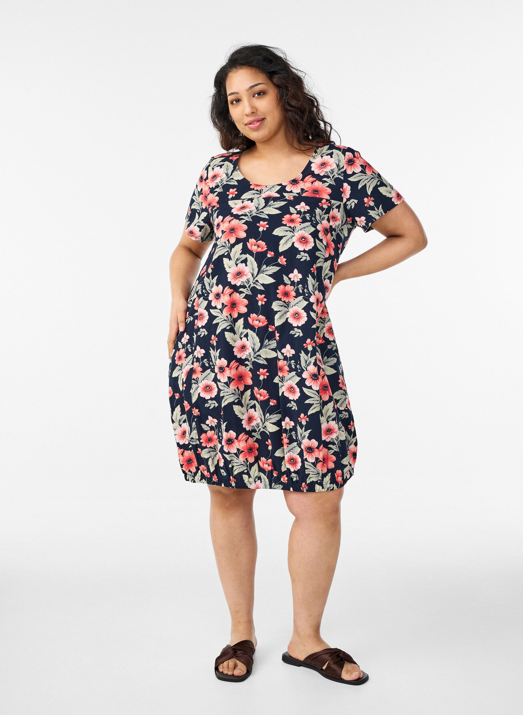 ZizzifashionShort-sleeved cotton dress with print, Blue, Model image number 1