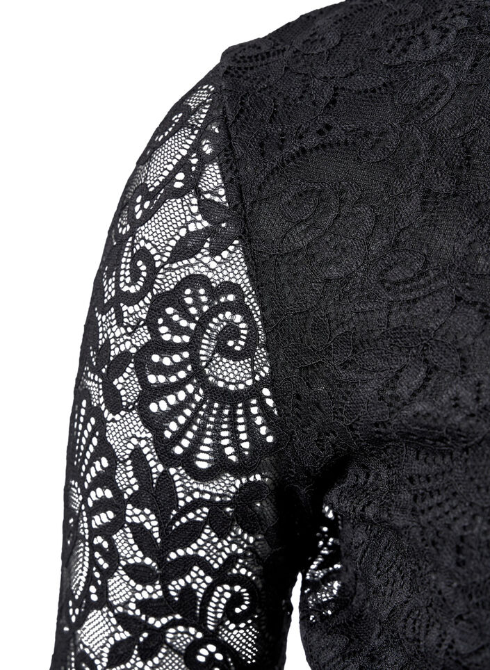 Long-sleeved lace bodystocking with v-neck, Black, Packshot image number 2