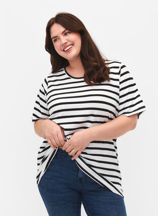 Striped T-shirt in organic cotton, Black Stripes, Model image number 0