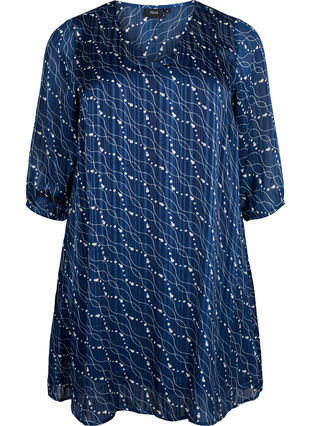 Printed dress with v-neck and 3/4 sleeves, Dress Bl. Swirl AOP, Packshot image number 0