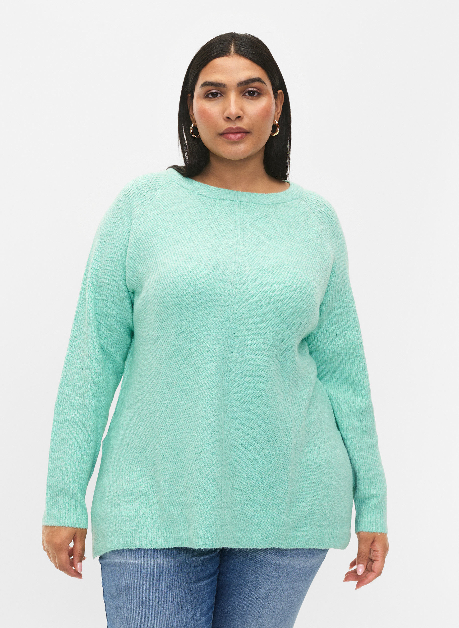 Zizzifashion Melange pullover with side slit, Cabbage/White, Model image number 0