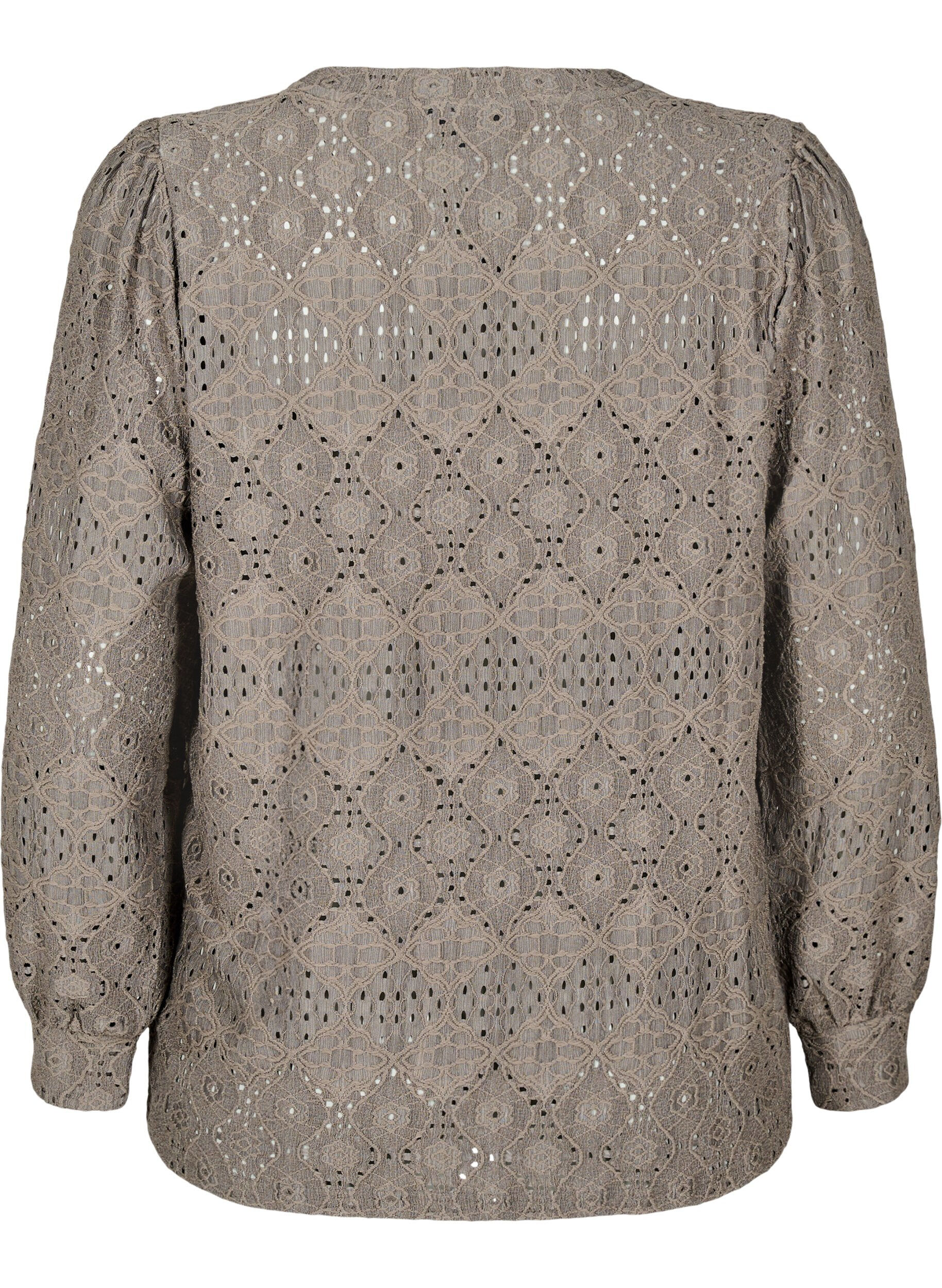 Zizzifashion Long-sleeved blouse with an openwork pattern, Brown, Packshot image number 1