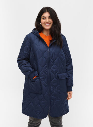 Hooded quilted jacket with large pockets, Navy Blazer, Model image number 0