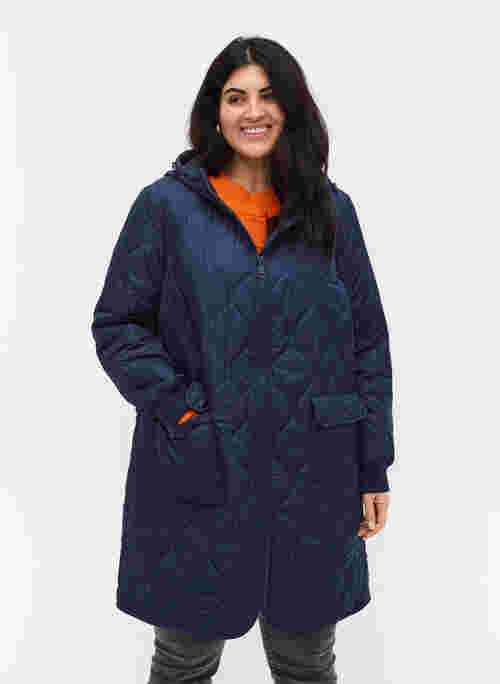 Hooded quilted jacket with large pockets