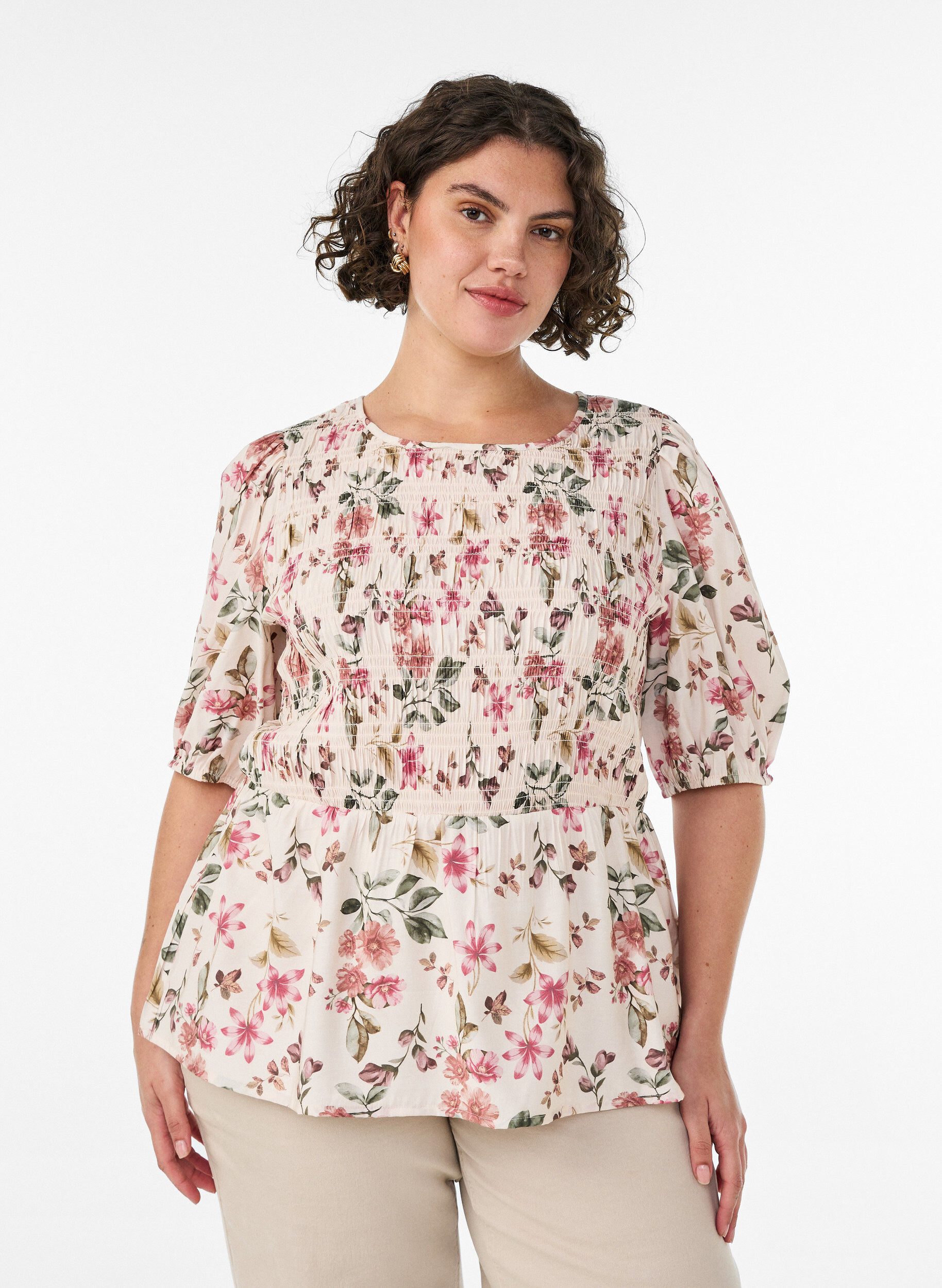 ZizzifashionViscose blouse with smock and peplum effect, Vanilla, Model image number 0