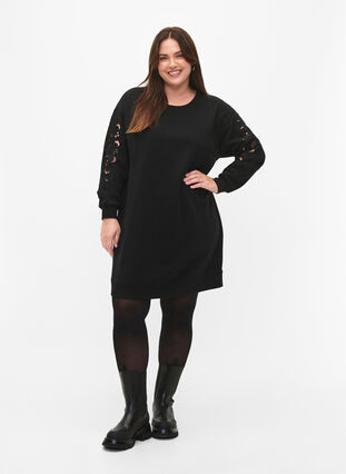 Sweat dress with embroidered details, Black, Model image number 3