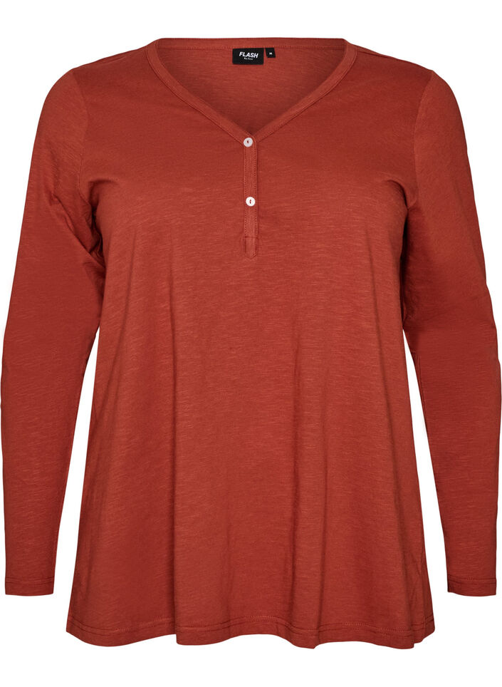 Long-sleeved t-shirt with V-neck and buttons, Brown, Packshot image number 0