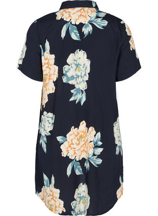 Printed viscose tunic with buttons, Roses on Navy, Packshot image number 1