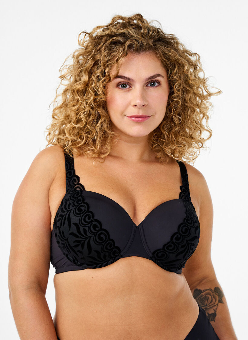 Moulded bra with velvet pattern, Black, Model image number 0
