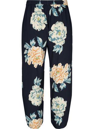 Loose-fitting viscose trousers in floral print, Roses on Navy, Packshot image number 1